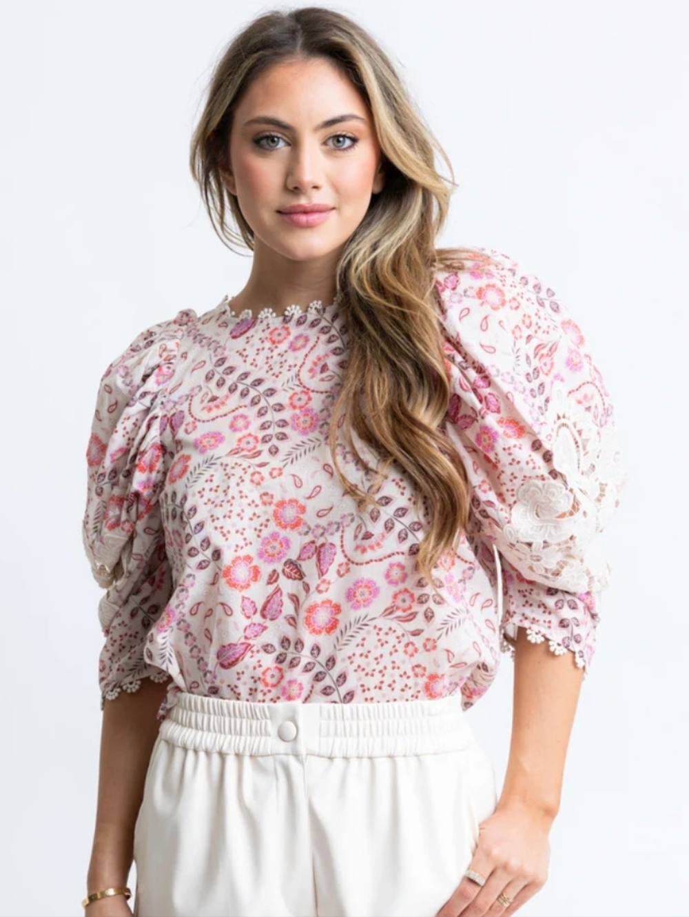 Karlie Floral Lace Puff Sleeve Top in Pink and Cream